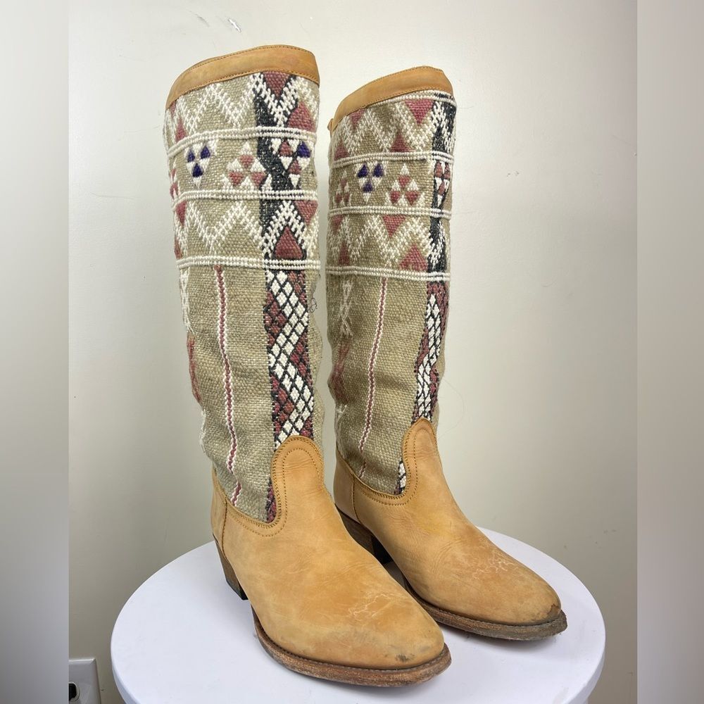 Woven Pattern Tan Suede Heeled Knee-High Boots